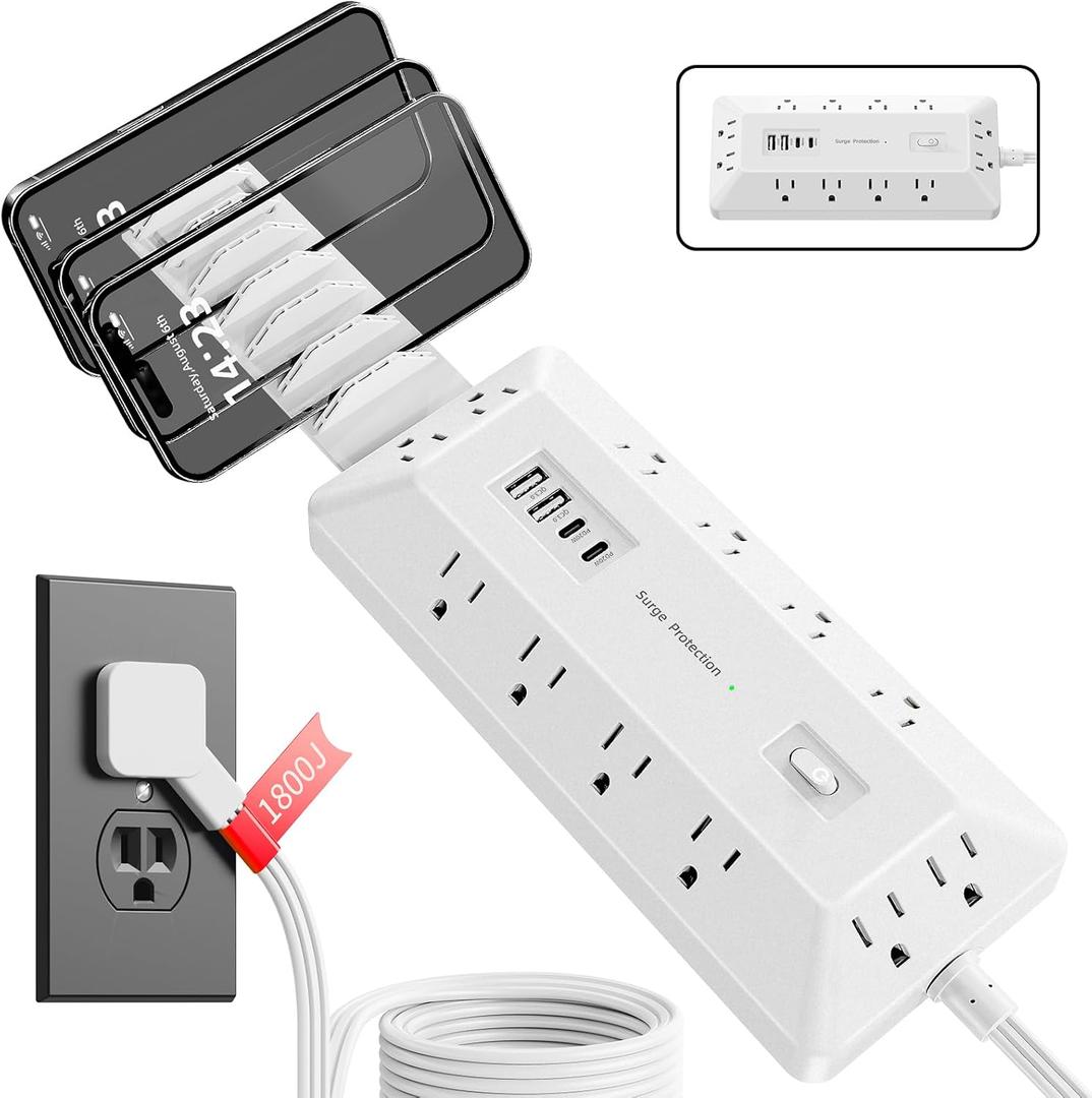 Surge Protector Power Strip with USB Ports (PD 20W), 6 Ft Extension Cord with Multiple Outlets, Flat Plug Outlet Extender for Home, Office, Dorm Room