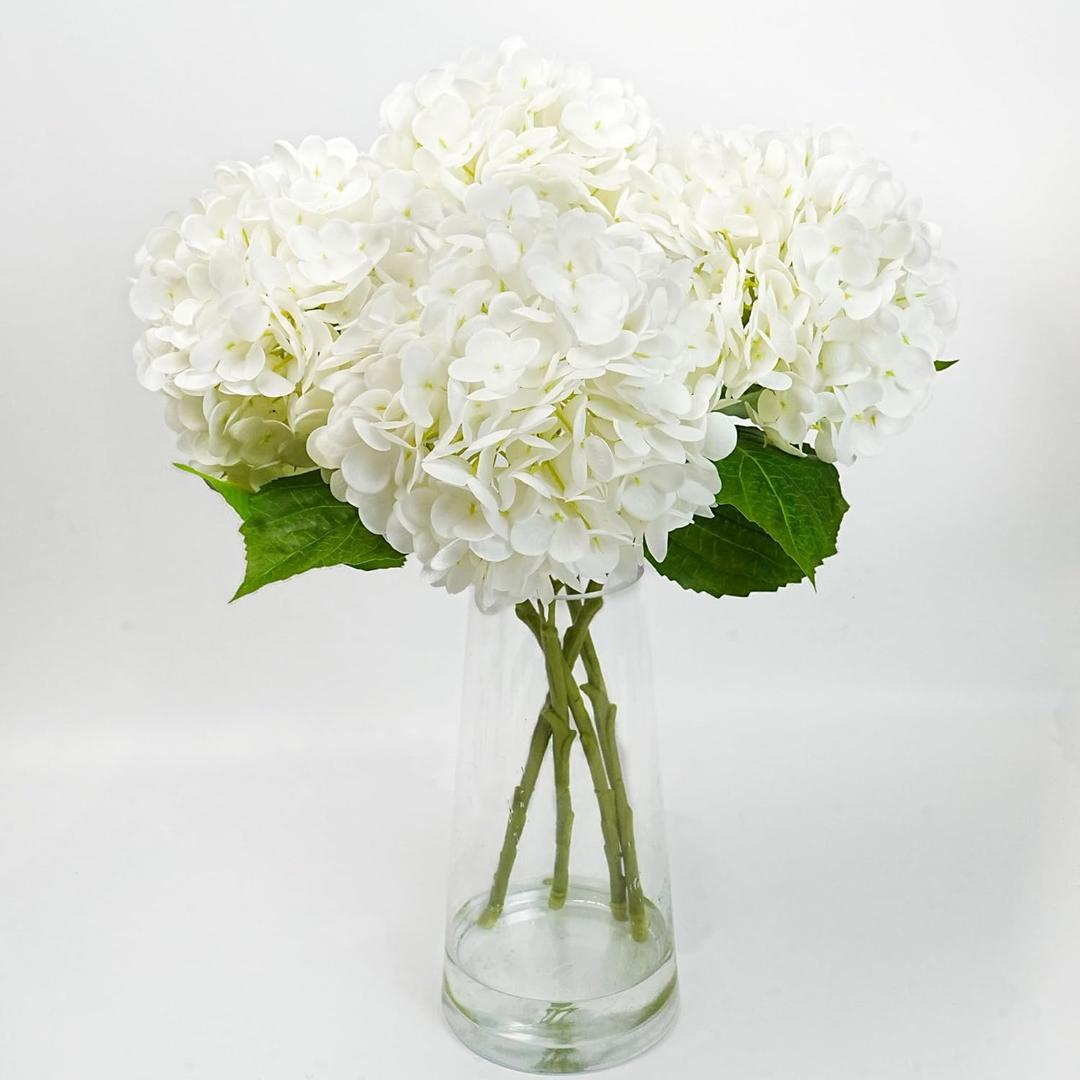 4 Pcs Fake Hydrangeas, 20'' Tall Large Bloom Latex Hydrangea Real Touch Faux Lifelike Silk Flowers Bouquet for Vase Filler Home Office Wedding Party Decor, DIY Floral Arrangement, Centerpieces (White)