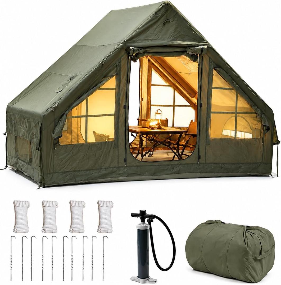 4-6 Person Inflatable Camping Tent, Panoramic PVC Skylight & Privacy Cover, 420D Oxford Waterproof UPF30+, PVC Air Beams, Mesh Ventilation, 5-Min Quick Setup Blow Up Tent for Family