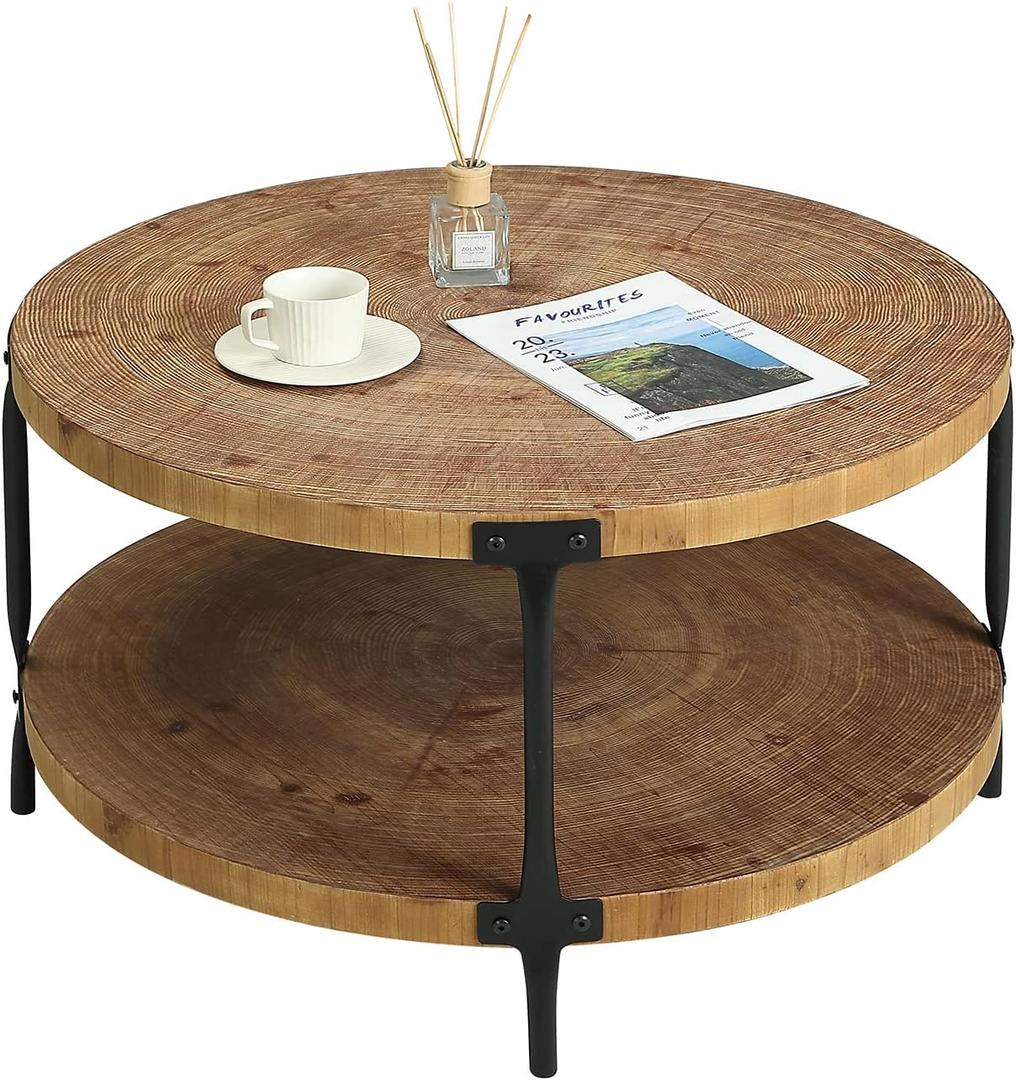 Awescuti Round Boho Wood Coffee Table - 29.1" Farmhouse Natural Circle Wooden 2-Tier Coffee Tables Living Room Furniture, 29.1" D x 18.3" H, Natural Wood Color
