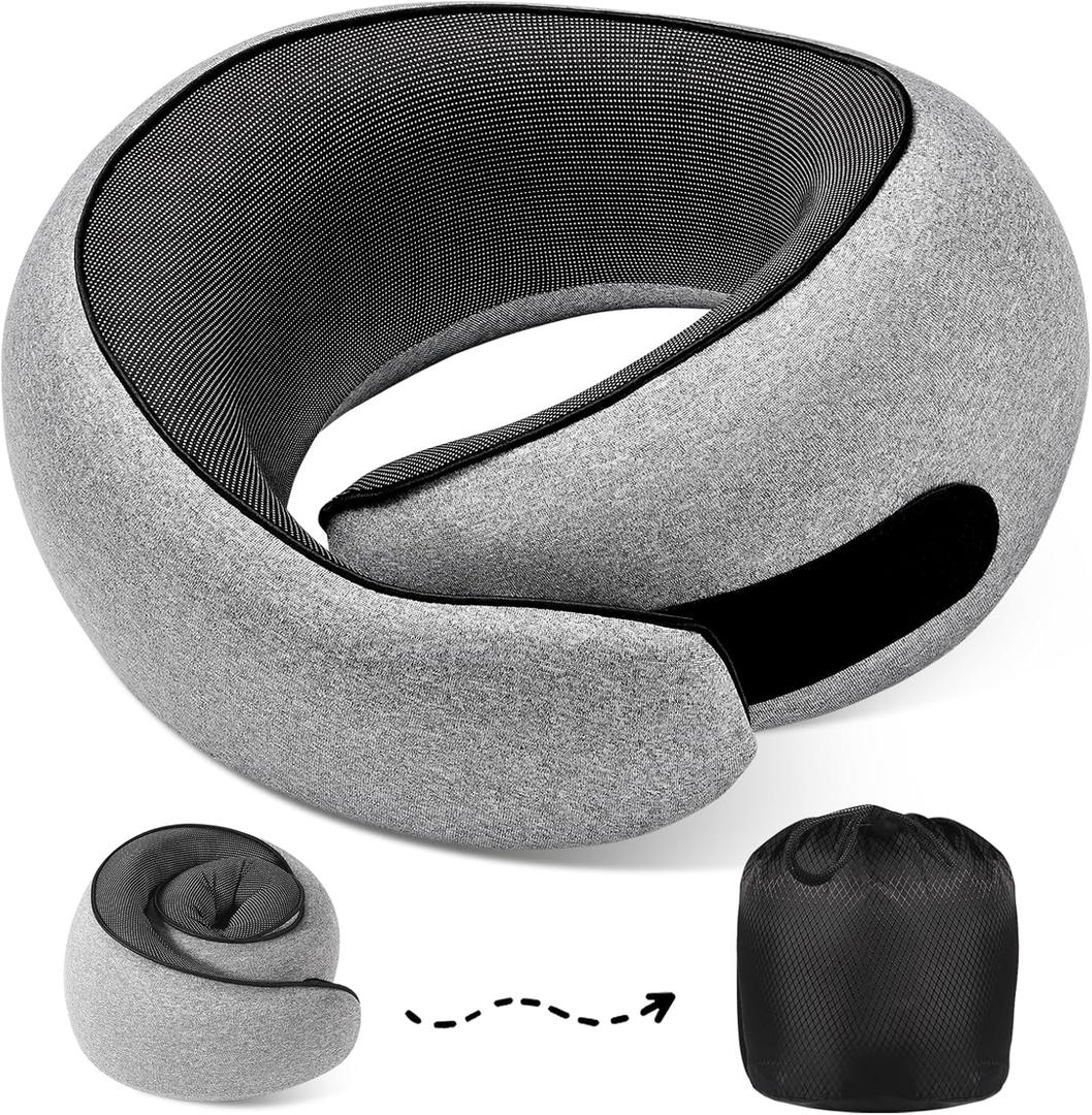 Travel Neck Pillows, 100% Memory Foam Filling, Travel Pillows for Airplanes, Compact and Ergonomic Design, Best for Sleeping Plane Train Travel Essentials (Light Grey)