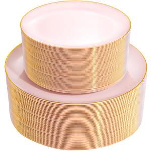 PULOTE 100PCS Pink Plastic Plates - Heavy Duty Pink and Gold Disposable Plates for Party, Wedding & Mothers Day, Include 50 Dinner Plates and 50 Dessert Plates