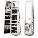 360 Rotating Jewelry Armoire Cabinet, Standing Jewelry Organizer w/Full-Length Mirror & Large Storage Space, Lockable Mirror Jewelry Cabinet for Girls Women (White)