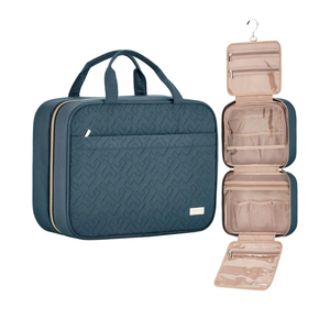 NISHEL Travel Toiletry Bag for women, Portable Hanging Organizer for Full-Sized Shampoo, Conditioner, Brushes Set, Makeup Accessories, Large Size, Lake-Blue
