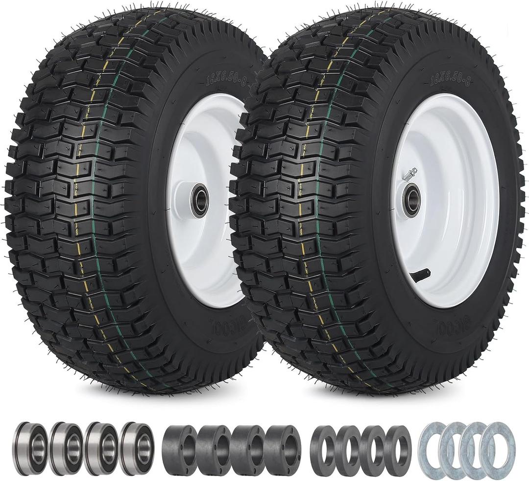 16x6.50-8 Tubeless Tire and Wheel, 16x6.5-8" Lawn Mower Tires, 3"-4.5" Offset Hub, 3/4" or 5/8" Bearing, Universal Fit Riding Mower and Garden Tractor Front Wheels, 4 Ply, Turf Pattern, 2 Pack