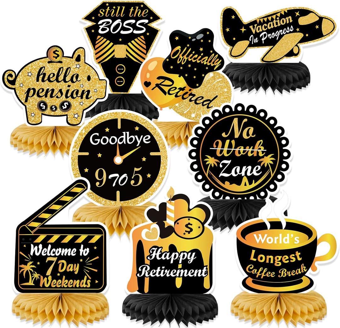 HOWAF 9 Pieces Retirement Party Decorations Black Gold Retirement Honeycomb Centerpieces Happy Retirement Table Decorations Table Centerpieces for Men and Women Retirement Party Supplies