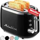 MELLERHOME RetroMod 2 Slice Toaster, Retro Looks with Upgraded Advanced Components, 7 Browning Levels, 3 Functions (Reheat, Defrost, Cancel), Removable Crumb Tray, Under Base Cord Storage, Black