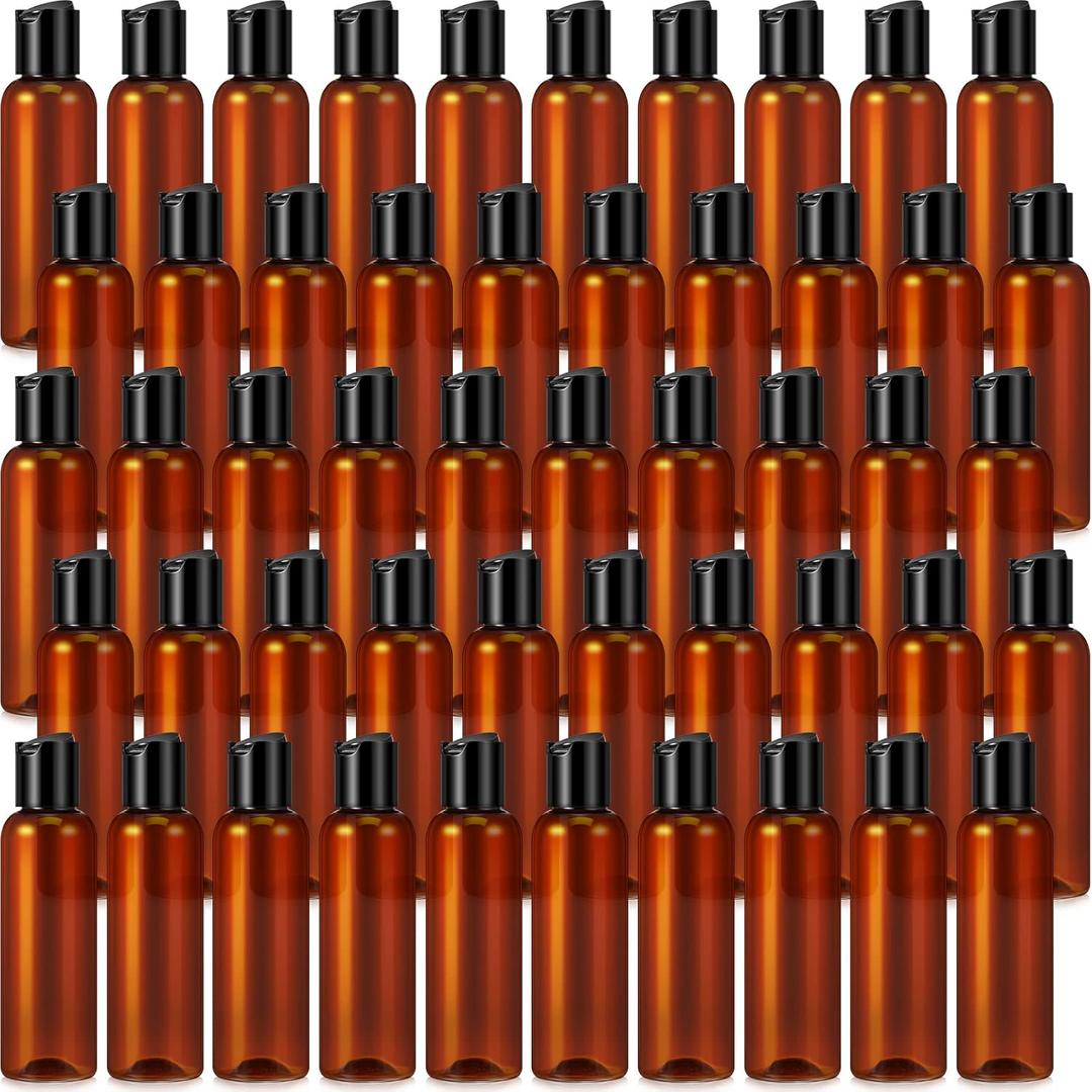 50 Pieces 4oz Plastic Squeeze Bottles with Disc Top Flip Cap Empty Amber Refillable Containers Small Travel Toiletry Bottles for Lotion Shampoo Oil Body Soap Creams (Brown/ Black)