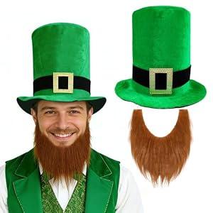 SYQBR Gold Buckle Green Top Hat with Beard for St. Patrick's Day Velvet Leprechaun Hat for Adults, St Patricks Hat Funny Saint Paddys Day Irish Party Favor Costume Accessories