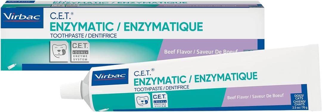 Virbac C.E.T. Enzymatic Toothpaste Eliminates Bad Breath by Removing Plaque and Tartar Buildup Best Pet Dental Care Toothpaste Beef Flavor 2.5 Oz Tube (Color Varies)