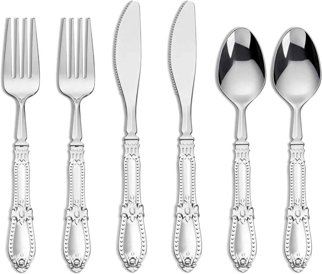 Nervure 150PCS Silver Plastic Silverware - Heavy Duty Disposable Cutlery Set, Luxury Silver Plastic Utensils include 50Pcs Forks, 50Pcs Spoons, 50pcs Knives Perfect for Wedding, Party, Daily Use