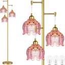 ILLMTW Glass Floor Lamp for Living Room,Bedroom,Gold Flower Mid Century Modern Standing Lamp Brass Tree 3 Light Tall Floor Lamps Vintage Floor Lights Pink Lamp Shade Farmhouse Boho Bohemian