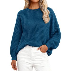 PRETTYGARDEN Women's Fashion Sweater Long Sleeve Casual Ribbed Knit Winter Clothes Pullover Sweaters Blouse Top (Medium, Lake Blue)