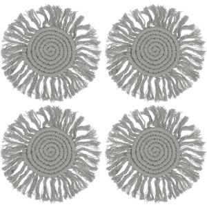 uxcell 4Pcs Boho Coasters, Round Handmade Woven Absorbent Coasters with Tassel Farmhouse Cup Mat Table Protection for Coffee Drink Mug Home Office Decor Housewarming Gift, Gray
