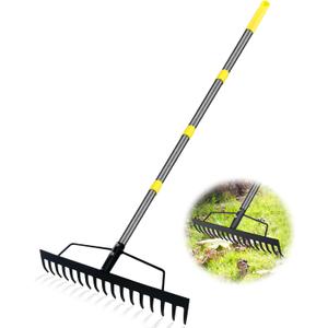 Garden Leaf Rakes 5.58FT Bow Rakes for Lawns Heavy Duty 17 Tines Metal Head,Adjustable Steel Handle,17 Inch Wide Rakes for Leaves, Gathering Shrub, Leveling Grass, Flower Beds, Yards (Yellow)