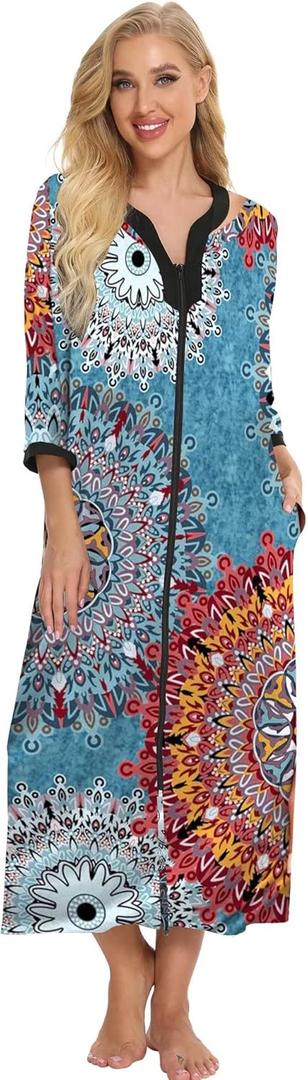 Bloggerlove House Dresses for Women Zip Up Robes Soft Cotton Nightgown Half Sleeve House Coat Long Night Gowns Sleepwear (S)