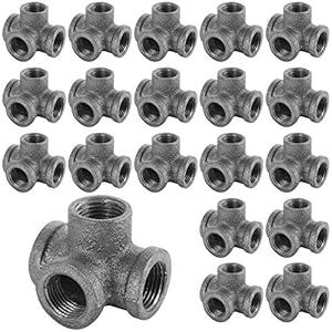 20 PACK 1/ 2" 4-Way Side Outlet Tee, Industrial Cast iron Pipe Fittings 4-Way Cross Fitting Connector Threaded Cast Industrial Pipe Fittings for DIY Furniture Decorative Shelving