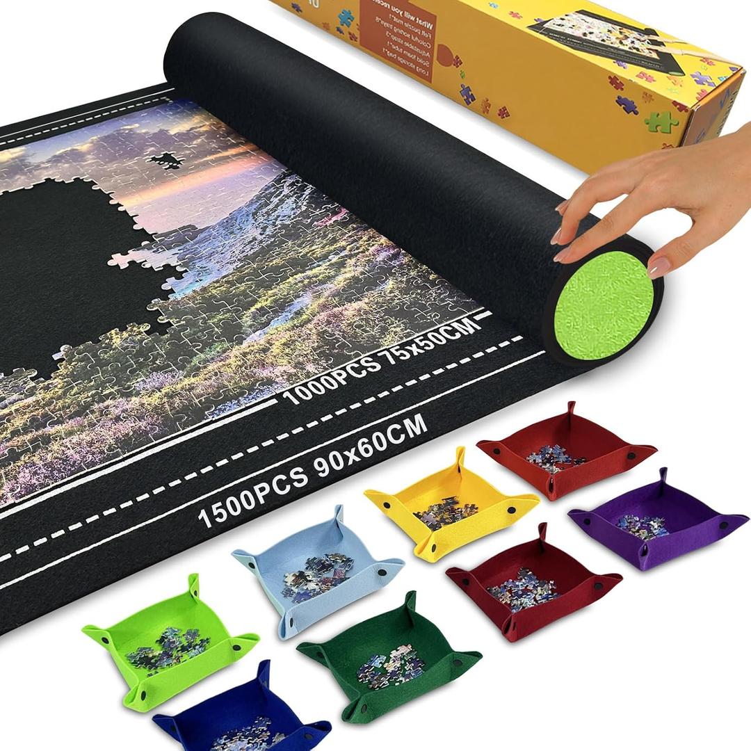 Puzzle Mat Roll Up with 8 Sorting Trays & Storage Gift Box, Large 46x26 Inch Puzzle Board for 500-1500 Pieces, Portable Puzzle Saver Kit with Travel Bag, Sturdy Box & Straps for Adults Black