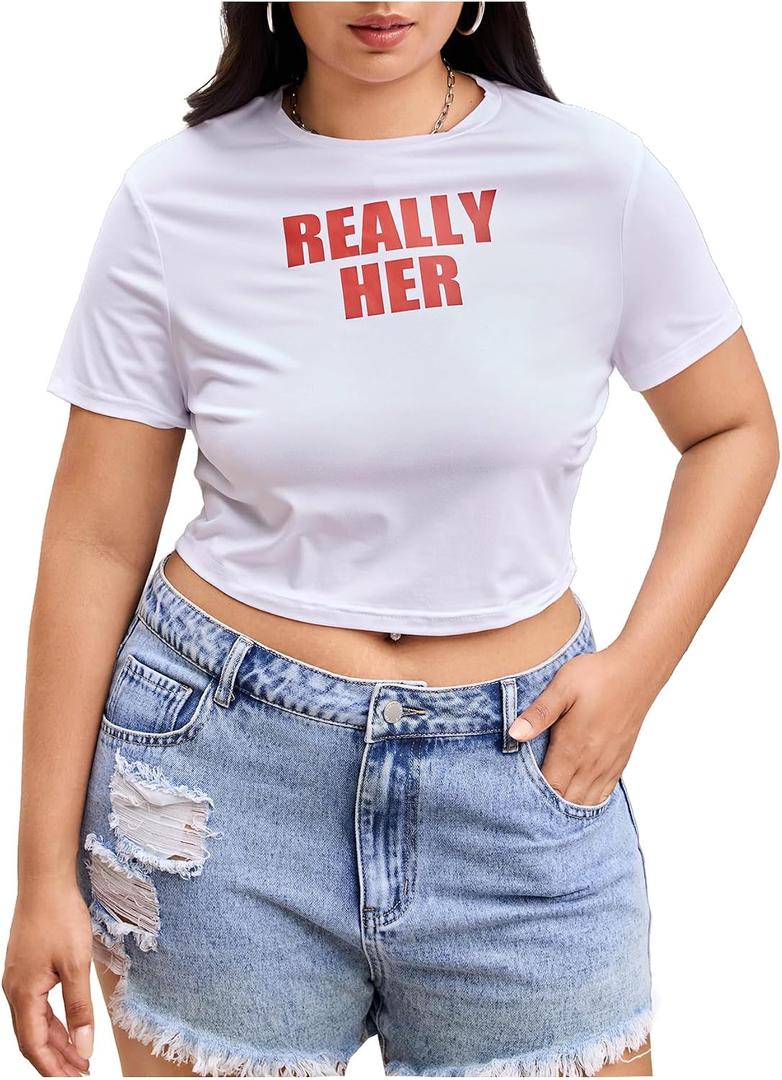 RoseSeek Women's Plus Size Letter Graphic Tees Short Sleeve Crew Neck T-Shirts Crop Tops (White, XL)