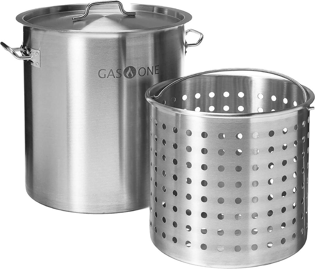 GasOne Stainless Steel Stockpot with Basket  64qt Stock Pot with Lid and Reinforced Bottom  Heavy-Duty Cooking Pot for Deep Frying, Turkey Frying, Beer Brewing, Soup, Seafood Boil  Satin Finish