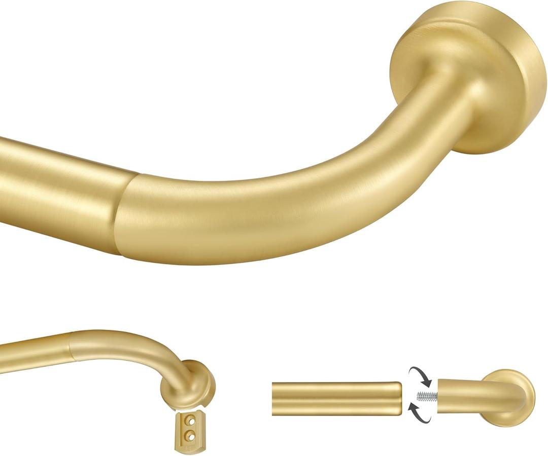 Brass Window Curtain Rod, 28-56 Inch, 1 Inch Diameter, Adjustable with Aluminum Finials and Brackets, Wrap Around Design