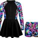 HOZIY Girls Long Sleeve Swimsuit Two Piece Rash Guard Dress with Swim Shorts Front Zip for Kids Tween Teens UPF 50+, 14Y