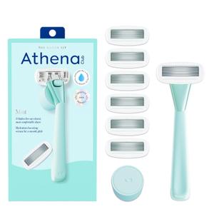 Athena Club Womens Razor Kit, 5-Blade Cartridge Razor for Sensitive Skin, Serum-Infused Blades with Shea Butter and Hyaluronic Acid, Includes Handle, 6 Refills and Magnetic Shower Hook - Mint