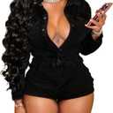 Molilove Women's Vintage Short Denim Jumpsuit Long Sleeve Button Down Jean Jumpsuit Romper with Pocket Sexy Going Out Outfits (Medium, Black)