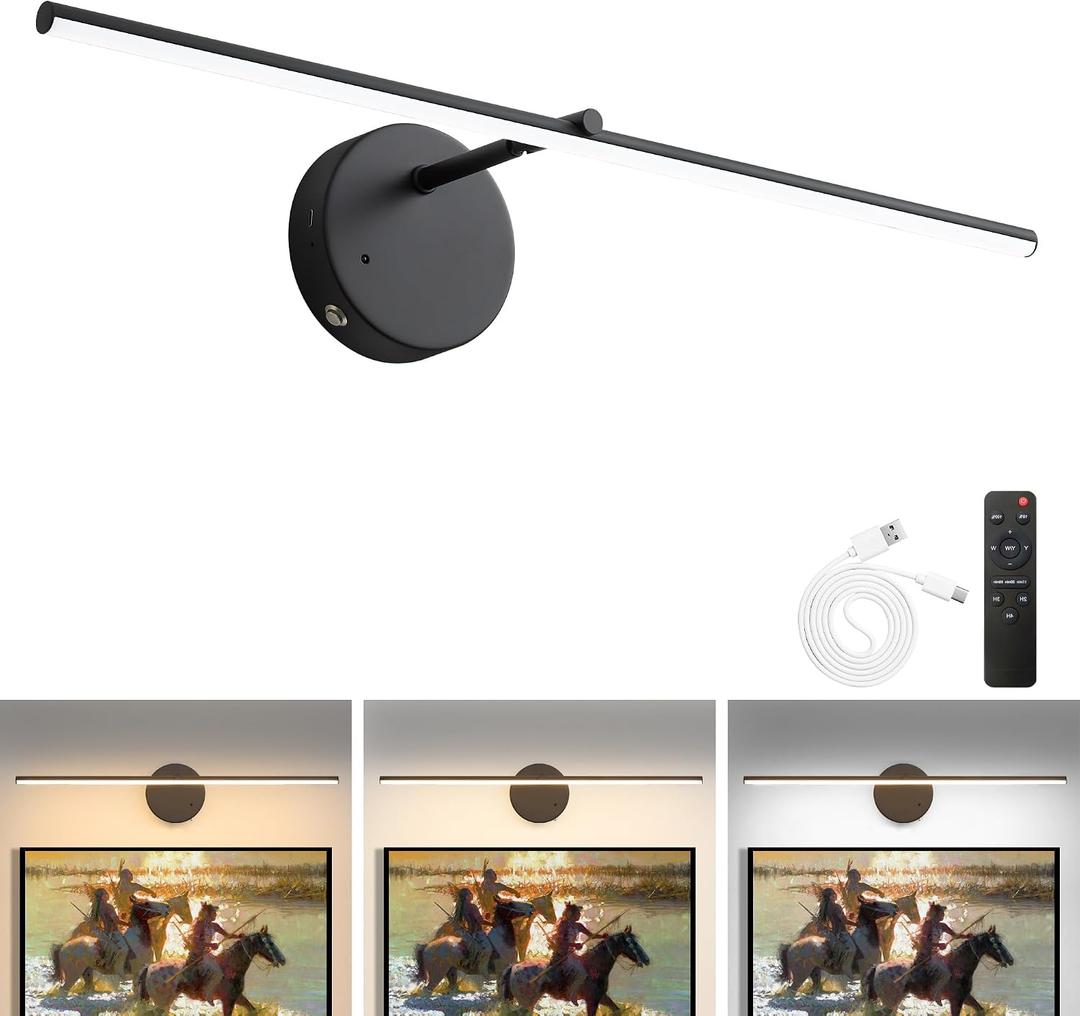 Battery Operated Picture Light with Wireless Remote & Timer Function, 3 CCT Dimmable Gold Wall Art Lights, 24'' 8000mAh Rechargeable Gallery Light for Paintings, Canvas, Artwork, Frames,(1PACK)