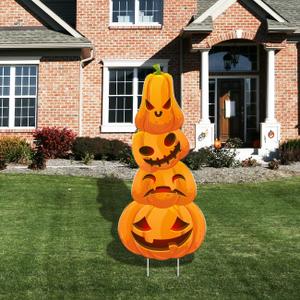 35" Halloween Jack O Lantern Pumpkin Yard Signs with Stakes for Outdoor Halloween Decorations Thanksgiving Fall Harvest Stacked Plastic Pumpkins Yard Sign for Lawn Garden Home Decor