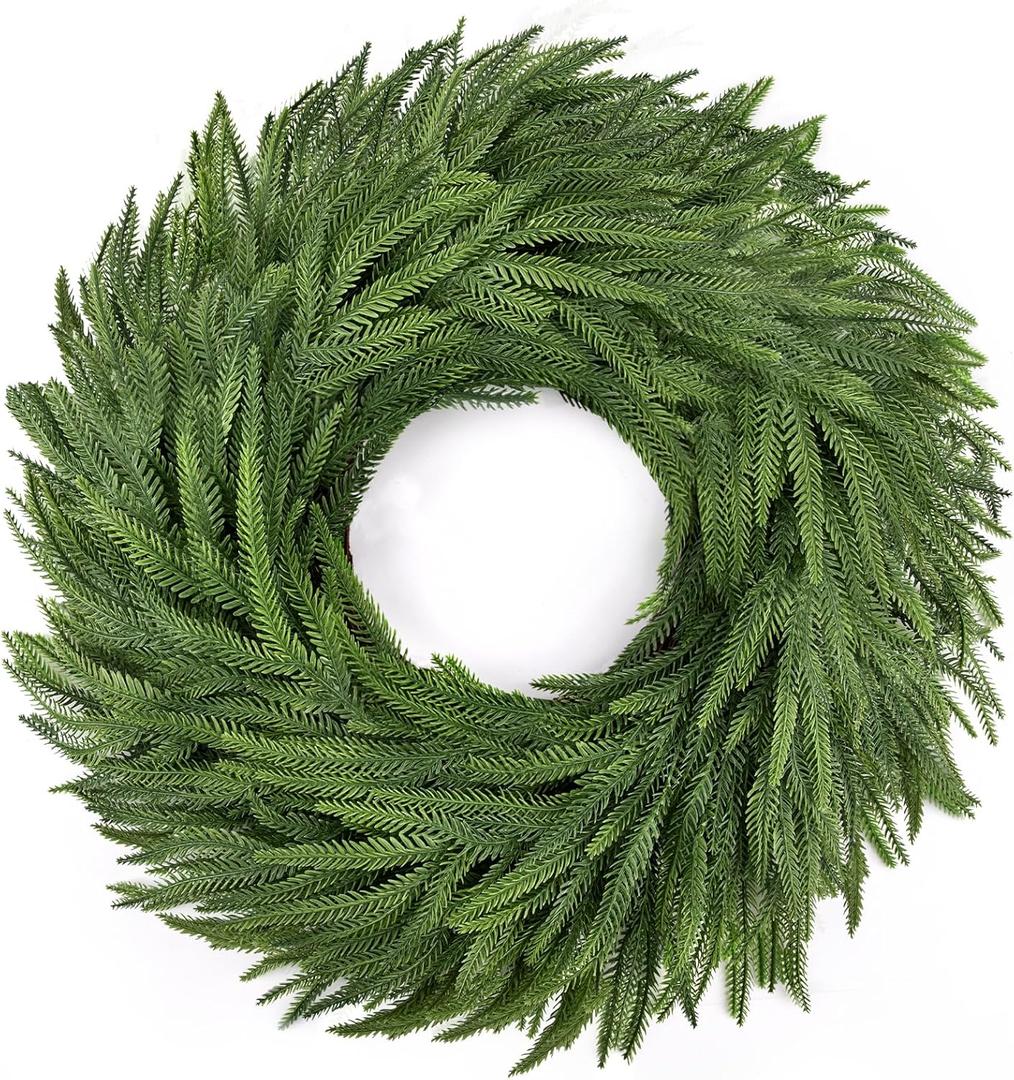 24" Norfolk Pine Wreath for Front Door, Real Touch Norfolk Pine Wreath Artificial Green Wreath Greenery Realistic Wreath Holiday Decoration for Home Decor