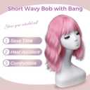 Pink Wig with Bangs for Women,Shoulder Length Short Wavy pink Bob Wigs With Bangs Synthetic Bob Wig Curly Wig Heat Resistant Colorful Wavy Wig Cosplay Fun Wigs For Daily Party (12 Inch)