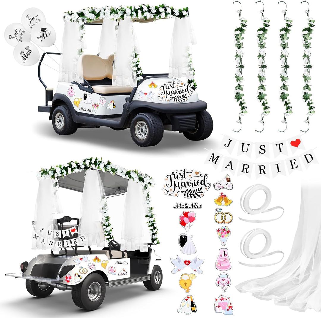 Wedding Golf Cart Decorations 1 Just Married Sign Banner 4 Rose Garland 14 Assorted Ornate Car Magnets 19.7ft Draping Fabric 4 Mr and Mrs Just Married Balloons for Bridal Shower Honeymoon Photo Props