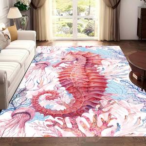 Ocean Area Rug, 3x5ft Cartoon Pink Jellyfish Seahorse Print Non-Slip Rugs, Coral Seagrass Children's Room Washable Carpet, for Dormitory Office Playroom Kids Room Carpets