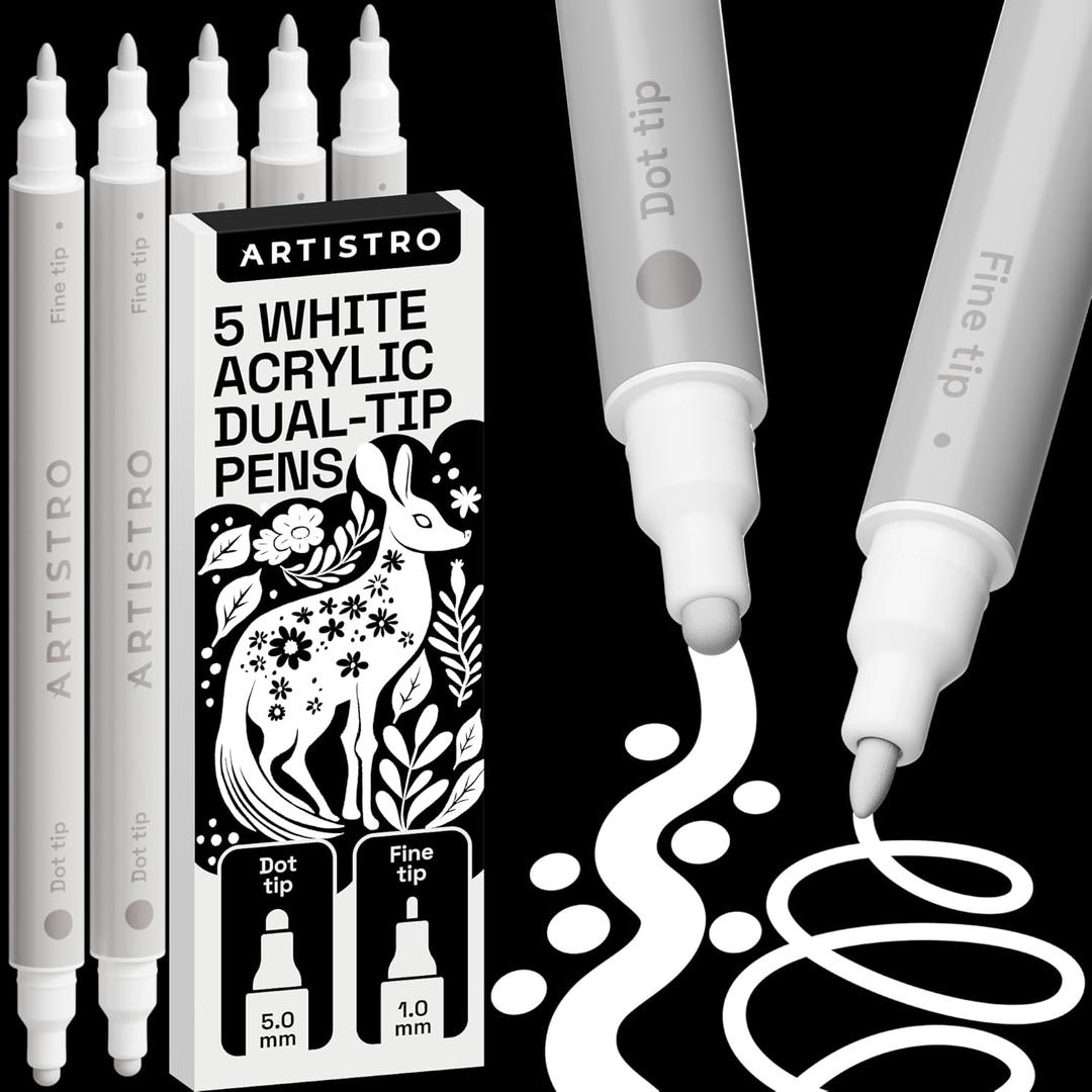 ARTISTRO 5 White Precision Dual-Tip Acrylic Paint Markers Paint Pens Set with Dot & Fine Tips for Fabric, Rock, Glass, Wood, Coloring Books Classroom & Art Supplies Gift Teacher Appreciation Gift