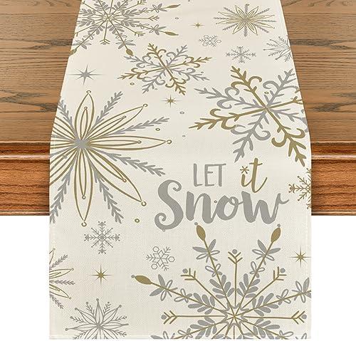 Artoid Mode Beige Snowflake Let It Snow Winter Table Runner, Seasonal Christmas Kitchen Dining Table Decoration for Home Party Decor 13x72 Inch