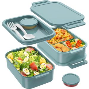 Jelife Bento Box Adult Lunch Box - 72oz Stackable Bento Lunch Box for Adults, 3 Layers All-in-One Large Bento Box Leak-Proof Lunchbox with Utensil Sauce Dressing Containers for Dining Out, Work, Green