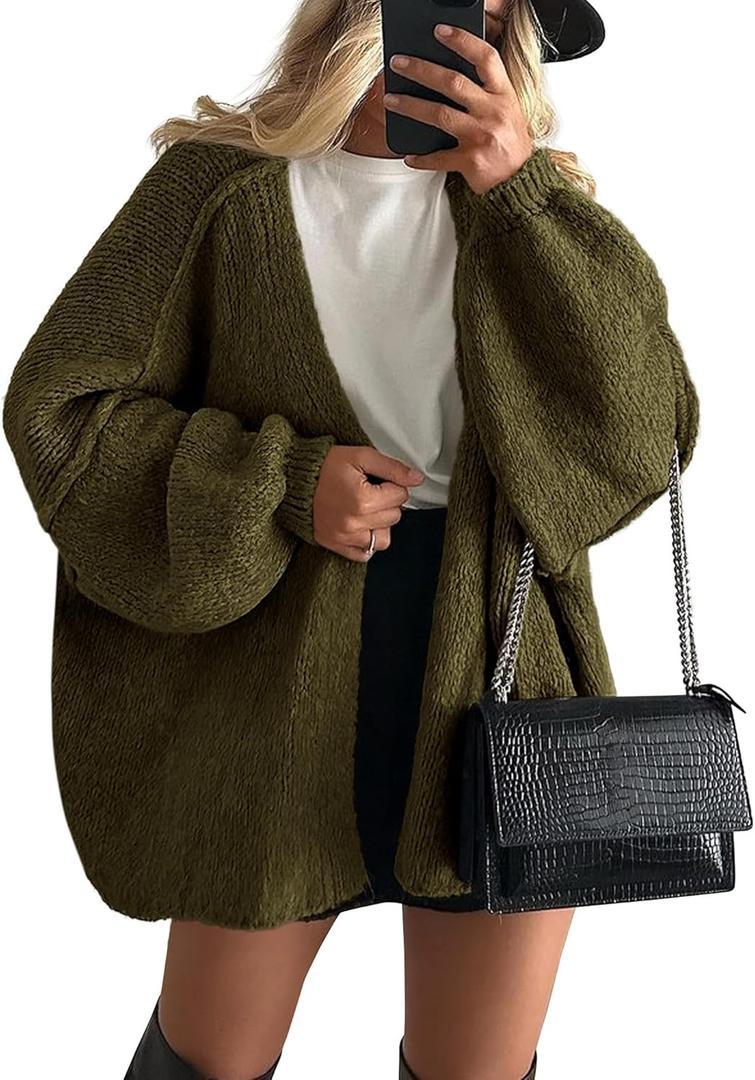 PRETTYGARDEN Womens Oversized Cardigan Sweaters 2025 Fall Long Lantern Sleeve Knit Open Front Lightweight Sweater (Green, L)
