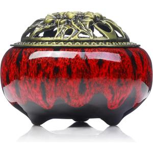 Incense Burner with Calabash Incense Stick Holder - Porcelain Charcoal Censer for Use with Resin Granular Powder Cone or Coil Incense (Kiln-Colored Red)