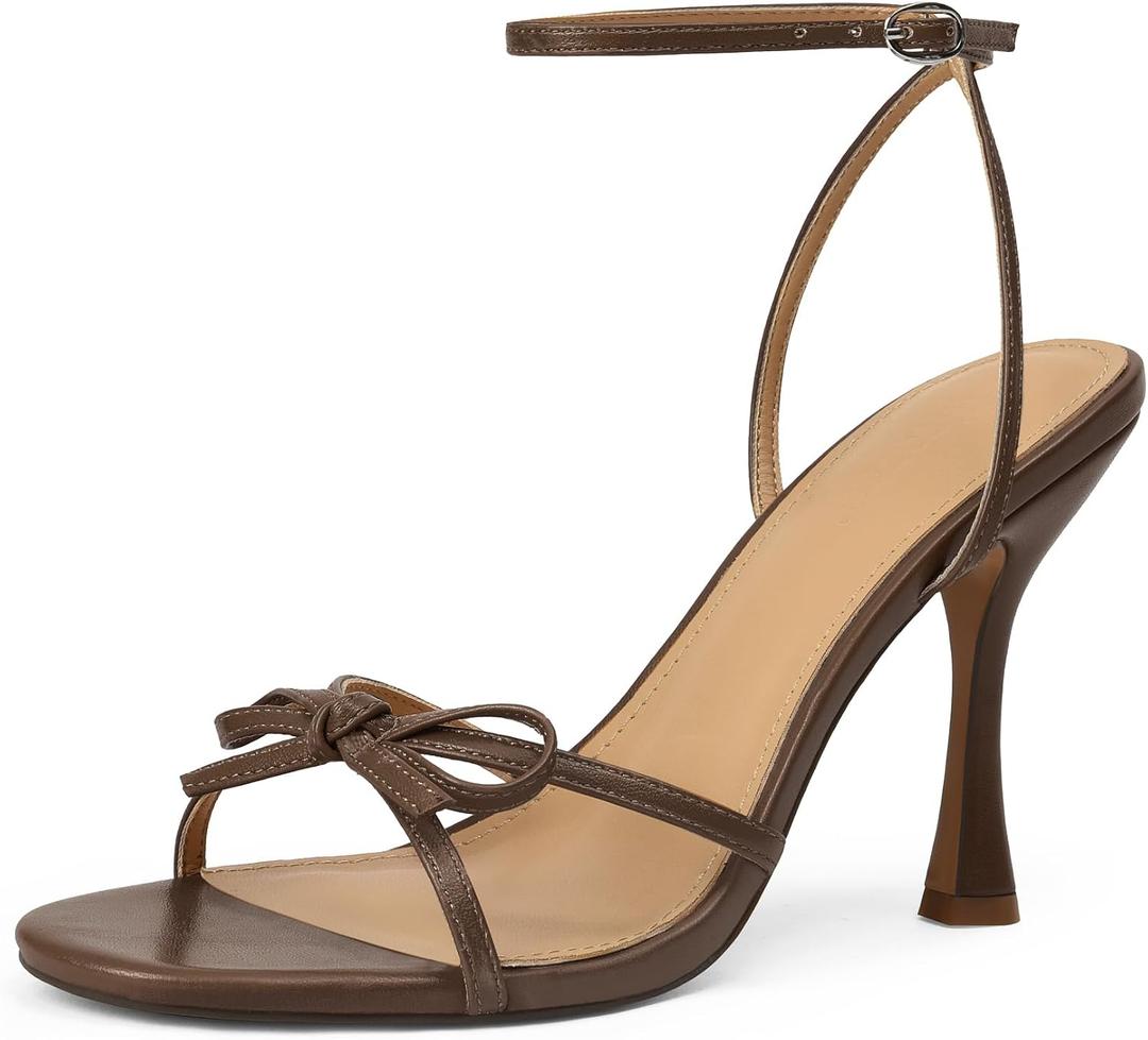 iiimmu Women's Bow Heels 4 IN Stiletto Heeled Sandals Cute Elegant Summer Heels with Open Toe Ankle Strap Soft PU Leather, Espresso, Size 7