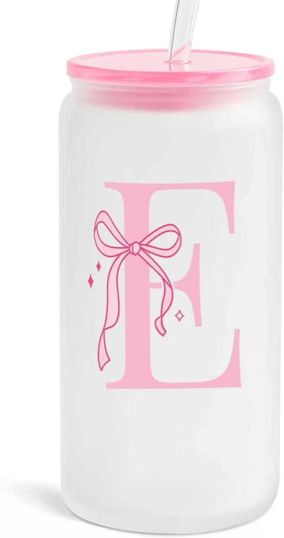 SANDJEST Monogrammed Glass Drinking Can Cup with Acrylic Lid and Straw, Personalized Frosted Iced Coffee Tumbler 16oz, Monogram Initial Gifts for Women Girls on Birthday (E)