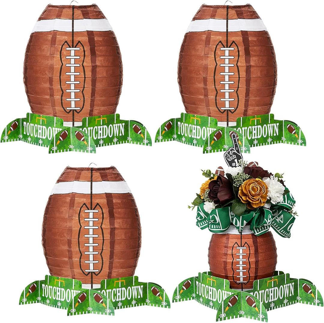 Mudder 4 Pcs Football Paper Lantern Sports Fan Party Decor Table Centerpiece Decoration Set Soccerball Game Lantern with Stand Pieces for Game Day Tailgates Stadium Party Supply,12 Inches (Brown)