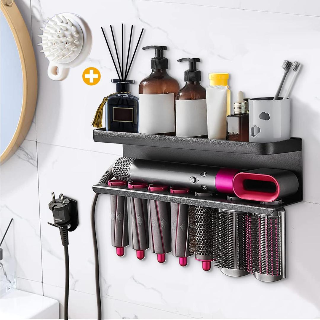 Airwrap Storage Holder Compatible with Dyson Airwrap Curling Iron Wall Mounted Storage Rack Holder for Home Organizer (with Comb) Black (Classic Style)