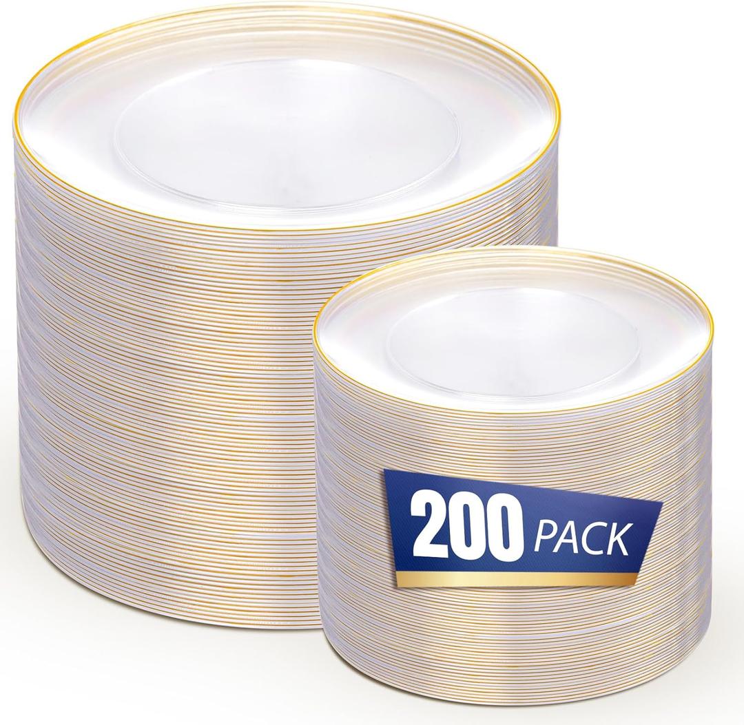 bUCLA 200PCS Clear and Gold Plastic Plates - Clear Disposable Plates with Gold Rim, Includes 100 PCS 10 inch Dinner Plates and 100 PCS 7 inch Dessert Plates for Party&Wedding