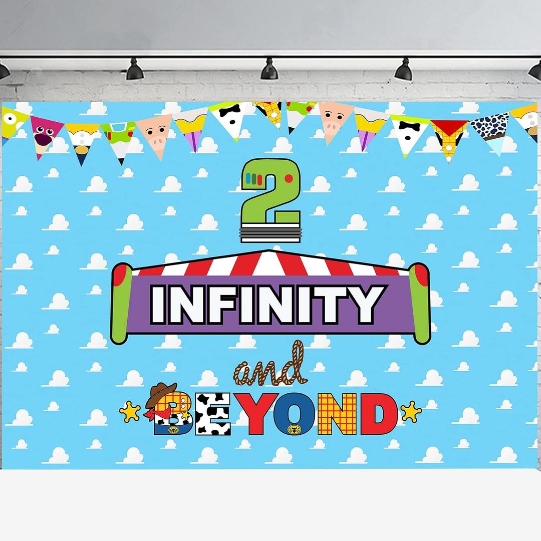 2 to infinity and inspired Beyond Birthday Backdrop Two inspired Infinity Banner 2 Infinity & Beyond Bday Decorations Photo Prop for Boys Girls Cartoon Story 2nd Bday Party Supplies,5 * 3ft