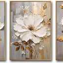 3 Pieces White Floral Oil Painting Wall Art, Large Paintings for Living Room,Framed Flower Canvas Wall Decor,Large Abstract Artwork Hand Paintings Hang for Bedroom Home Office Dcor set 28"x60" (20x28inchx3, SG-005N)