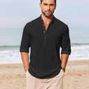COOFANDY Men's Casual Henley Shirts Long Sleeve Band Collar Lightweight Beach Shirts Summer T-Shirts (Black, XL)