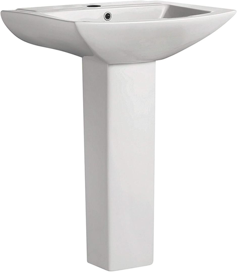 Sublime Rectangular Two-Piece Ceramic Pedestal Bathroom Sink in Glossy White with Overflow, Single Faucet Hole, Standard 1.75 in Drain, 24.2 Inches