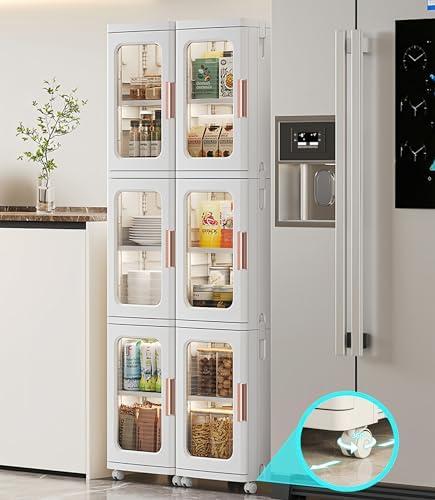 MOSAMNI Slim Kitchen Pantry Storage Cabinet with Doors and Shelves, 3-Tiers Plastic Narrow Storage Organizer for Small Spaces, Bathroom, Living Room, Bedroom, White