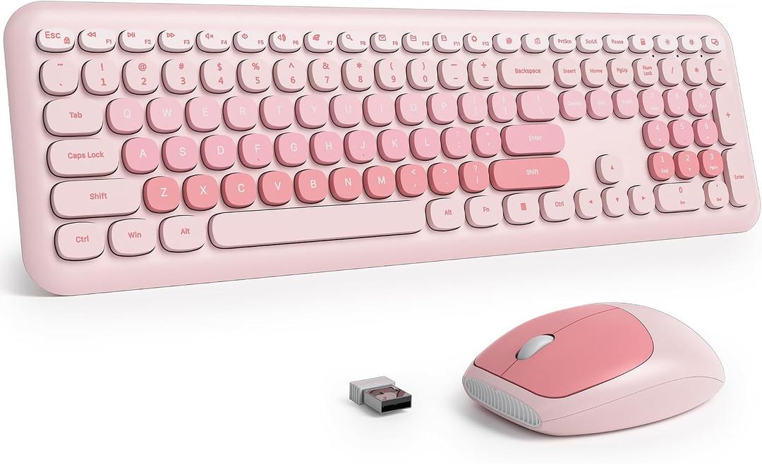 Fogruaden Quiet Wireless Pink Keyboard and Mouse, 2.4GHz Retro Cute Typewriter-Style Full-Size Colorful Keyboard and Mouse Combo, Slim Design, Low-Noise Typing for Home, Office, Windows PC, Laptop